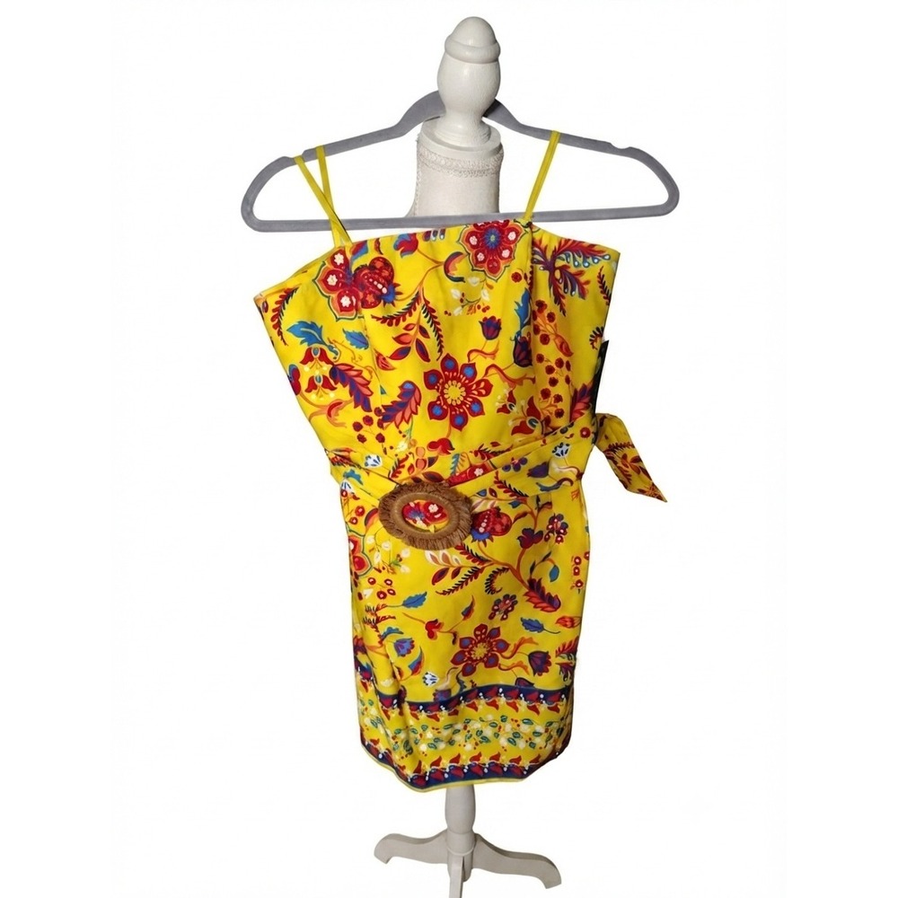 Adrianna‎ Papell Yellow Floral O Ring Short Dress AD3D105773 Womens 6 New